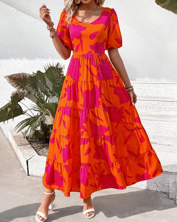 Casual Women Summer Dresses 2024 Puff Sleeve Floral Maxi Dresses Smocked Backless Flowy Tiered Beach Long Dress