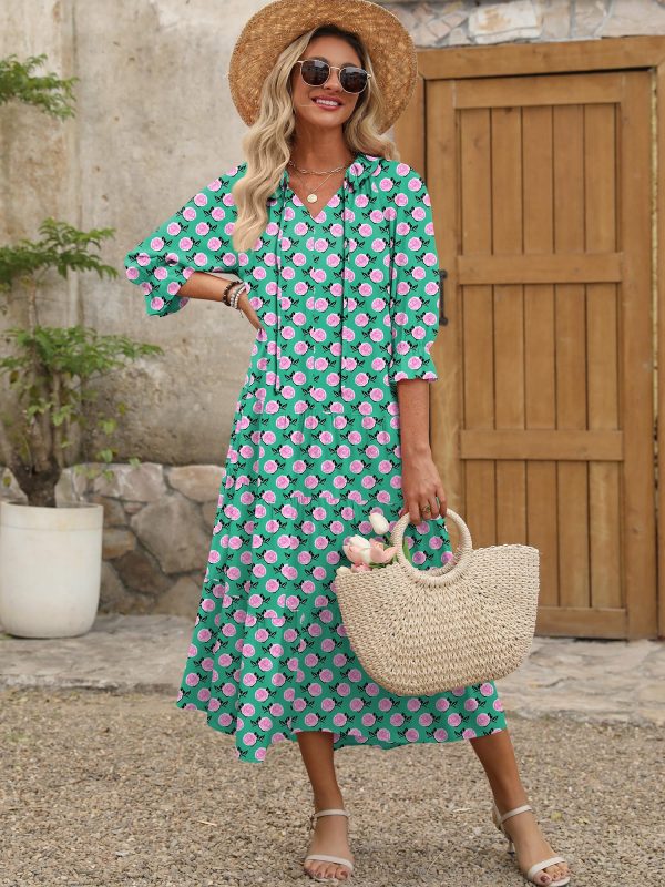 Women's Boho Maxi Dresses 2025 Summer Casual V Neck Puff Sleeve Floral Tiered Flowy Swing Beach Vacation Long Dress