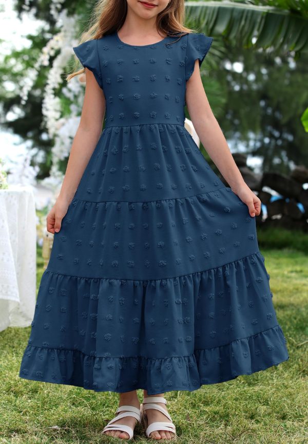 Girls Maxi Dress Ruffle Sleeve Swiss Dot A Line Tiered Flowy Casual Party Dresses with Pockets for 6-12 Y