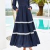 Womens Smocked Long Sleeve Maxi Dress Wedding Guest Spring Fall Boho Tiered Lace Trim Flowy Long Dresses Pockets