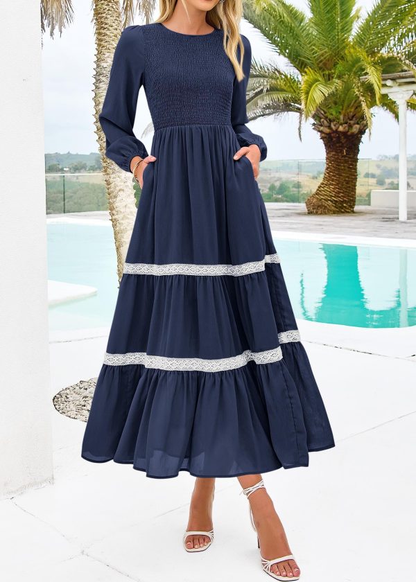Womens Smocked Long Sleeve Maxi Dress Wedding Guest Spring Fall Boho Tiered Lace Trim Flowy Long Dresses Pockets