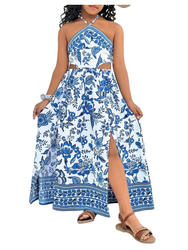 Girl's Summer Long Dress Cut Out Halter Neck Slit Beach Vacation Dresses
