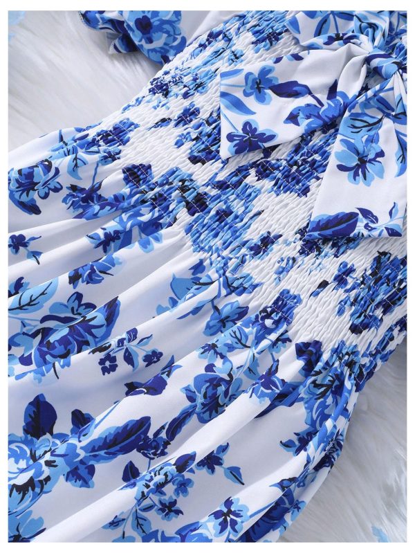 Girl's Summer Floral Bow Front Puff Sleeve Dress Shirred Tiered Ruffle Hem A Line Long Dress
