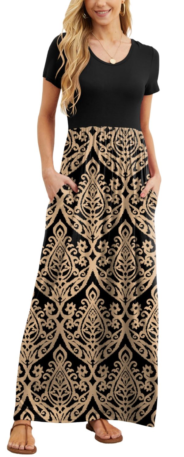 Women Summer Crew Neck Casual Short Sleeve Solid Floral Print Long Maxi Dress with Pockets