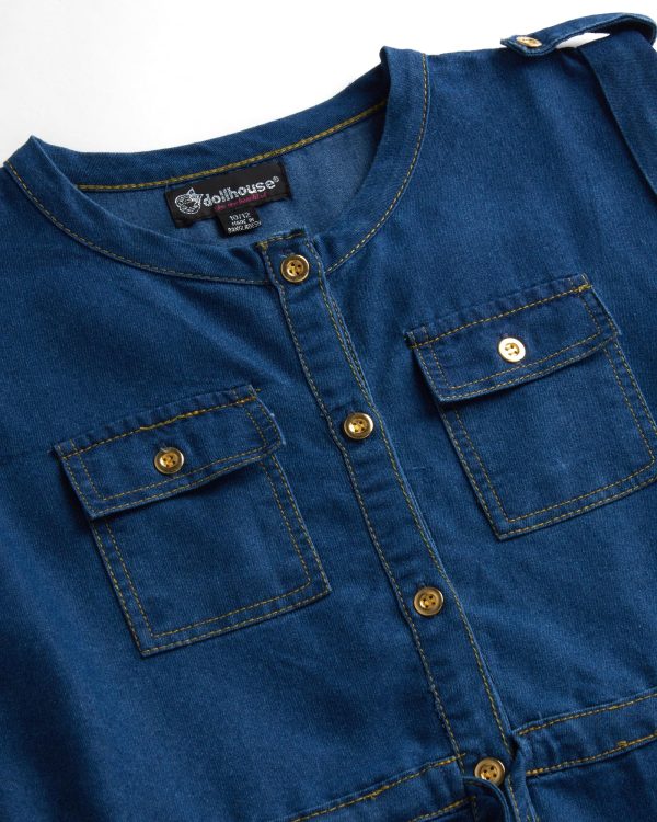 Girls' Belted Denim Dress – Durable Collar Button Up Jean Dress for Girls (Sizes: 7-16)