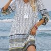 Women Casual Beach Summer Dress Boho Tassel Tie Neck 3/4 Long Sleeve Short Floral Print Flowy Cover Up Sundresses