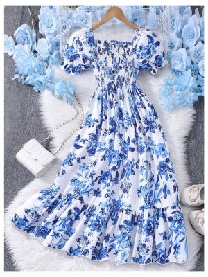 Girl's Summer Floral Bow Front Puff Sleeve Dress Shirred Tiered Ruffle Hem A Line Long Dress