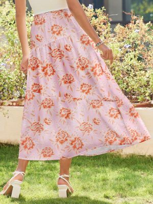 Women's Midi Summer 2025 Boho Elastic High Waist A-Line Flowy Swing Asymmetric Tiered Skirt Dress with Pockets