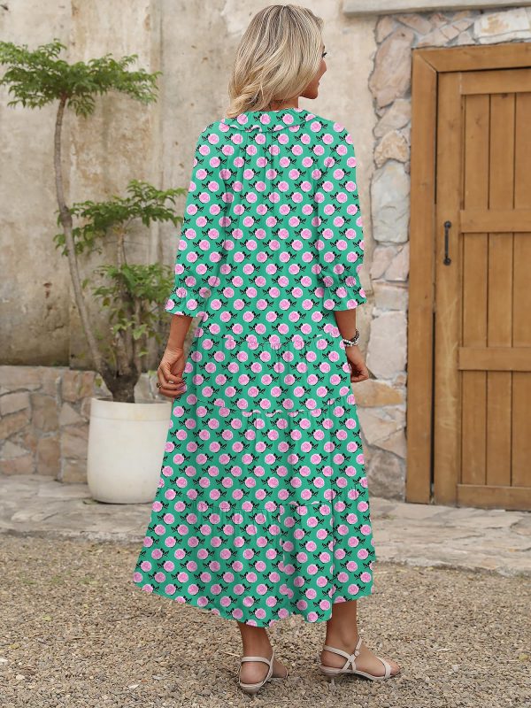 Women's Boho Maxi Dresses 2025 Summer Casual V Neck Puff Sleeve Floral Tiered Flowy Swing Beach Vacation Long Dress